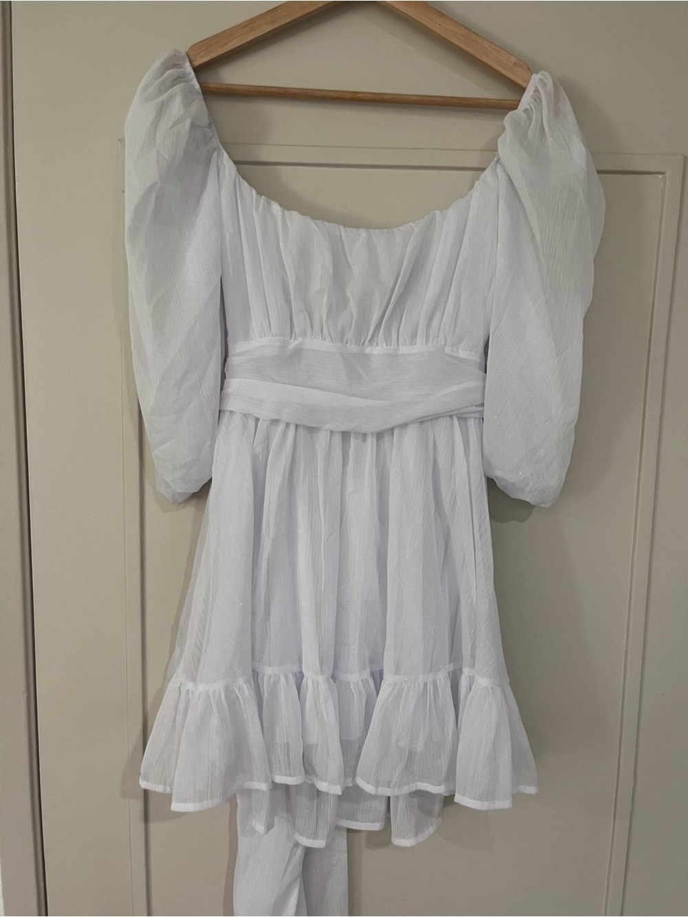 Lucy in the Sky White Puff Sleeve Dress with Waist Sash